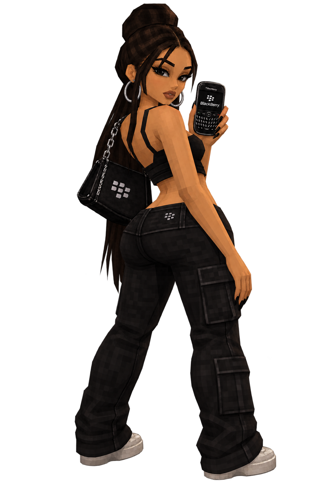 Official Baddies & Business mascot holding a BlackBerry phone